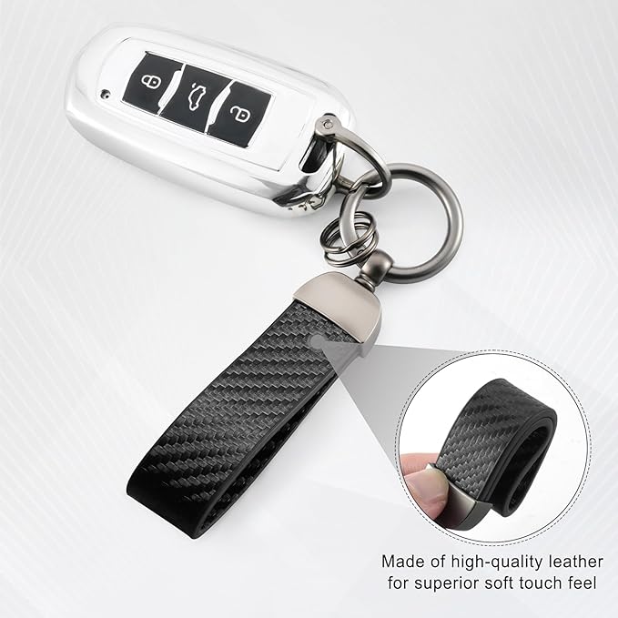 JUSTTOP Leather Keychain, Carbon Fiber Car Key Chain with Anti-Lost D-Ring and 2 Key Ring, Keychain Wristlet, Car Accessories, Universal Keychain for Men and Women (Black)