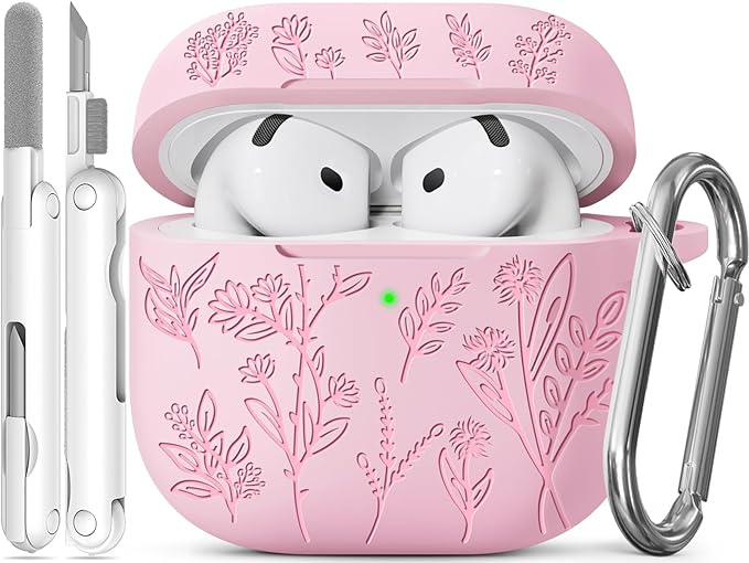 for Airpods 4 Case, Ekoonpft Flower Engraved Cases for Apple AirPods 4th Generation 2024, Soft Silicone Cover for Women Girly with 3-in-1 Cleaning Kit & Keychain, Anti-Scratch, Shockproof