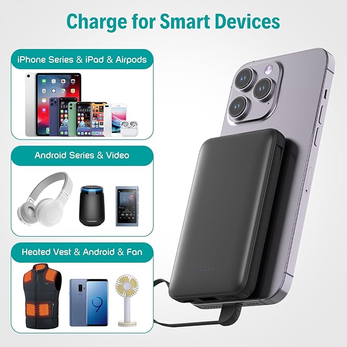 Sethruki Smallest Portable Charger with Built-in Cables 5000mAh,Ultra Slim Power Bank,Mini High Speed External Battery Packs,Lightweight USB C Phone Charger for iPhone Samsung Google Android (Black)