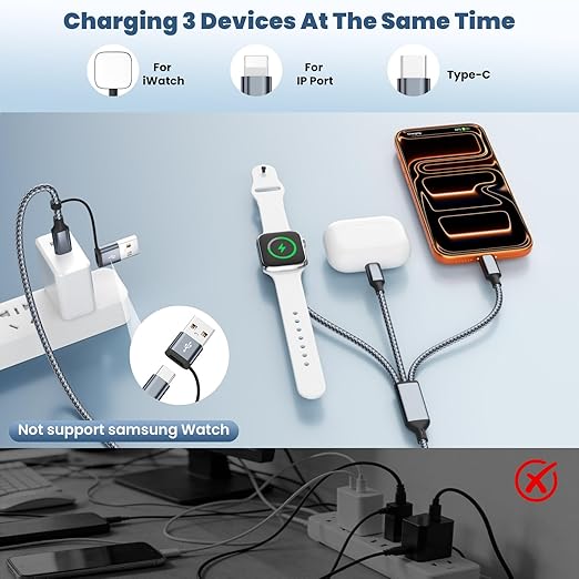 3 in 2 Multi Charging Cable for iWatch Charger/IP/USB C, Travel Cruise Essentials for Car Charger,5FT Nylon Charger Cord USB C/A Phone Charger for iWatch Series/iPhone 17-11/iPad,Home/Office/Car Use