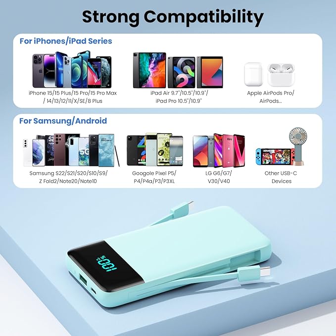 Portable Charger for iPhone with Built-in Cables and Wall Plug,Upgraded 13800mAh Fast Charging USB C Power Bank,4 Outputs Slim Travel Essentials Battery Pack for iPhone 17/16/14,Galaxy,Android-Green