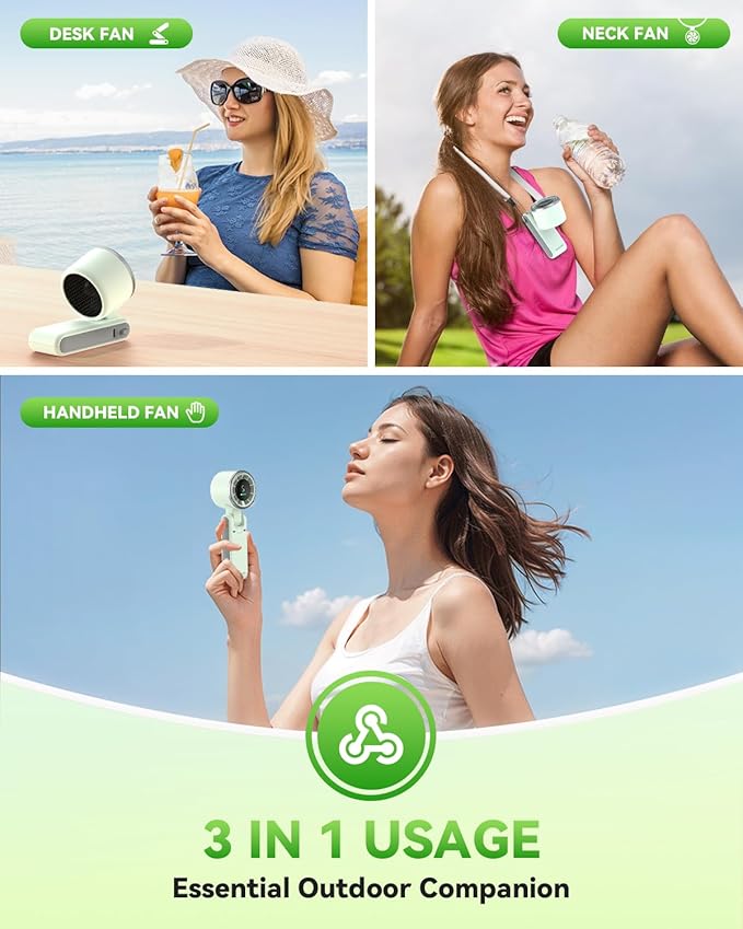 PlayHot Portable Handheld Turbo Fan, 5-Speed Personal Fan, USB-C Rechargeable Fan Up to 12 Hours, 3 IN 1 Hand Fan with Air Turbo Tech Cooling, Travel Fan for Cruise, Beach, Gifts for Women (Green)