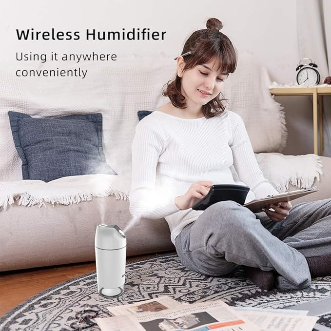 HandFan Small Portable Humidifier Rechargeable, 480ml Wireless Ultrasonic humidifier Battery Operated, Mini Personal Cordless Cool Mist Humidifiers, for Bedroom Office Travel Car Plants(Gray)