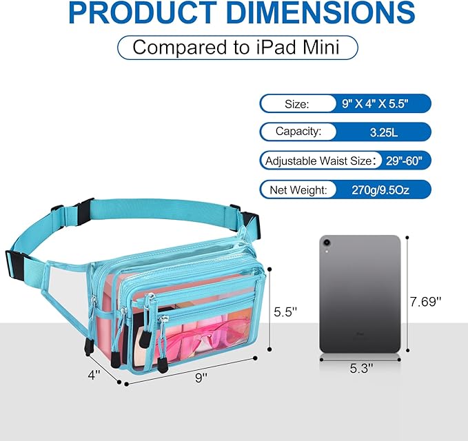 Clear Bag Stadium Approved Clear Fanny Pack for Women for Work,Multi-purpose Waist Bag for Travel & Sporting Event