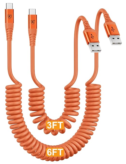 Coiled USB A to USB C Cable for Car [3FT+6FT], USB to USB C Cable Fast Charging 60W, USB Type C Cable iPhone Charger USBC Cord for iPhone 17/16/15/Pro Max/Plus/Samsung Galaxy S26/S25/Ultra-Orange
