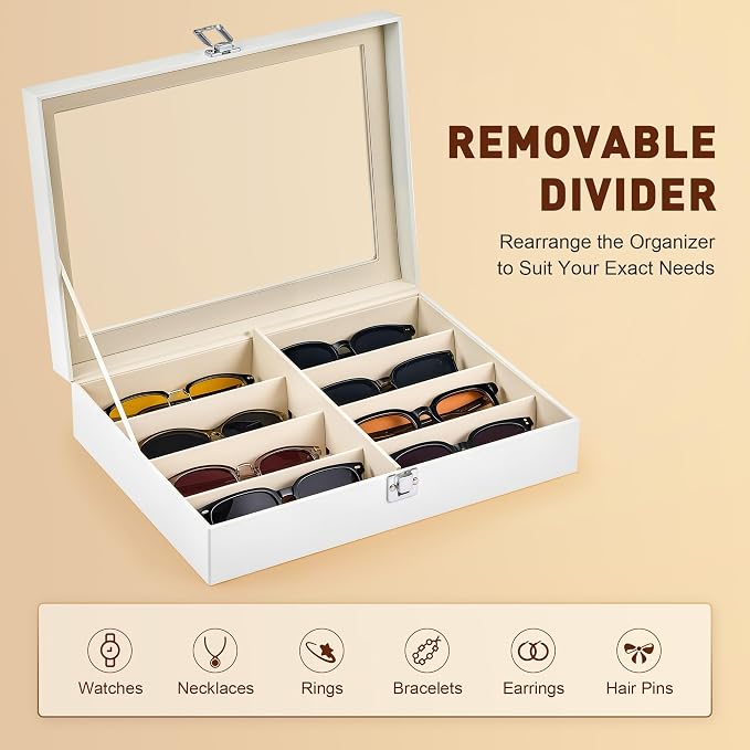CO-Z Sunglasses Organizer with 8 Slots, Leather Eyeglasses Storage Box for Multiple Glasses, Lockable Display Case for Women Men, Glasses Holder for Watches Jewelry Collection, White