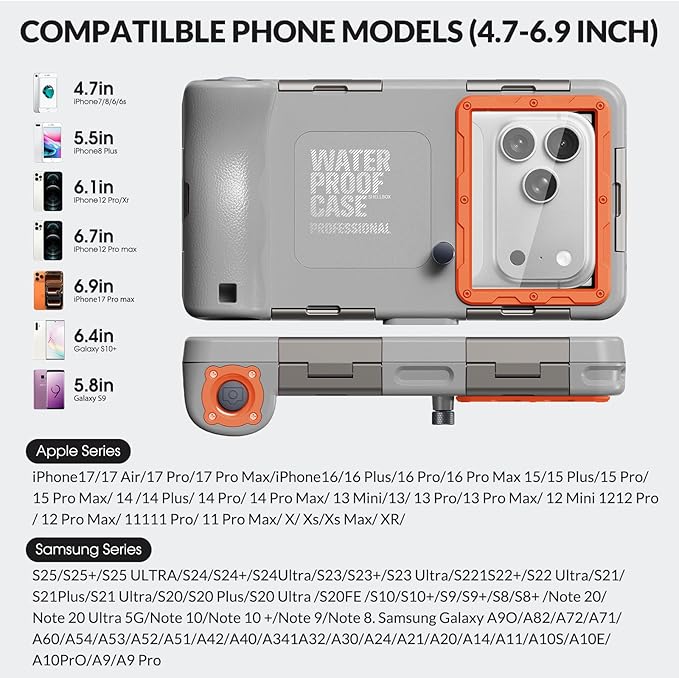 2026 Underwater Snorkeling Diving Phone Case for Phone 17/16/15/14/13/12Pro Max/Galaxy S26/S25/S24/S23.(50ft/15m) Professional Scuba Dive Waterproof Case Underwater Photo Video（Gray）