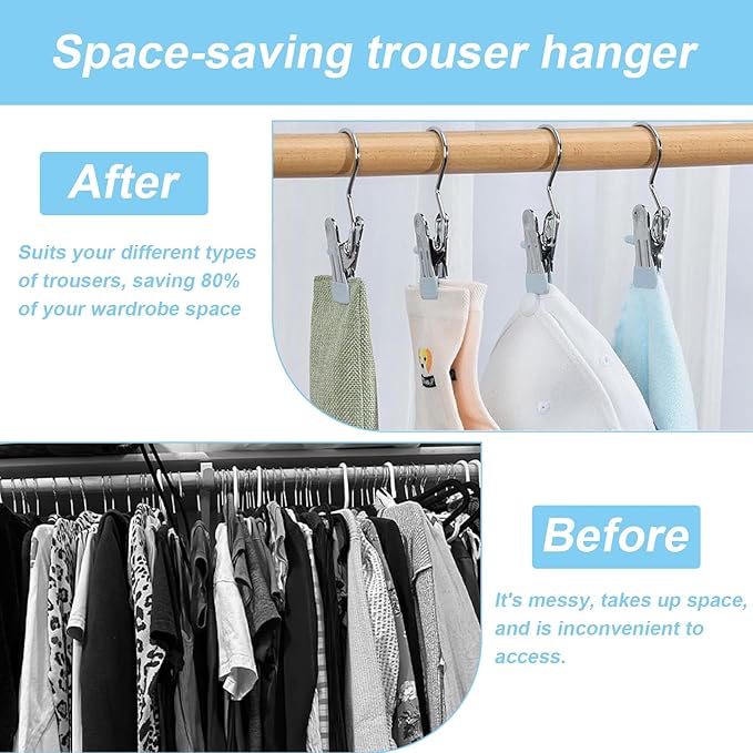 12PCS Hanger Clips for Closet, Heavy Duty Clothes Pins with Hooks, 360° Rotating Laundry Clips for Pants Socks Towels Boots Organizer (12, Black Blue Green Pink)