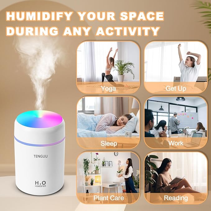 Portable Mini Humidifier, 300ml Small Cool Mist Humidifier, USB Personal Desktop Humidifiers for Bedroom Car Office Home, Auto Shut-Off, 2 Mist Modes, Super Quiet, White