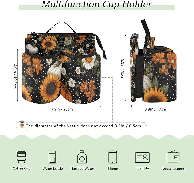 Luggage Cup Holder for Suitcases Free Hands Suitcase Cup Holder Travel Luggage Drink Holder Portable Luggage Cup Caddy Bag Carrier with Handle Black Dotty Pumpkins Sunflowers Daisy