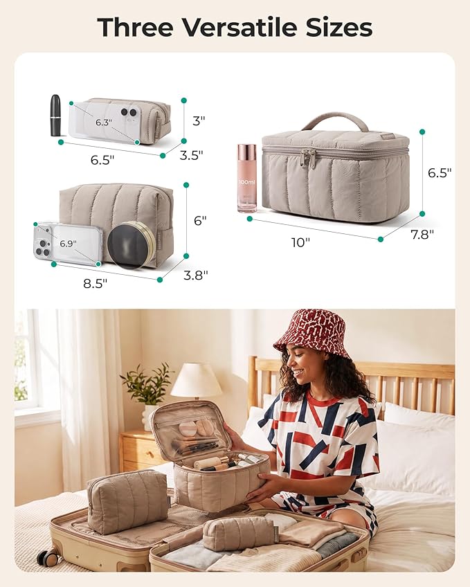 BAGSMART Travel Makeup Bag for Women, 3 Pcs Puffy Padded Cosmetic Organizer Bag, Large Toiletry Case and Small Purse Pouch for Gym, Work, Girls (Baby Blue)