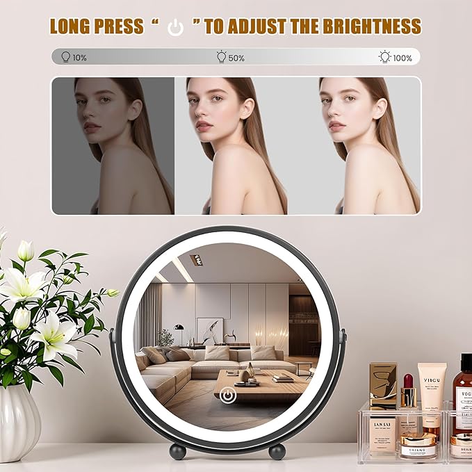 Vanity Mirror with Lights, 8" LED Makeup Mirror Built-in 1500mAH Lithium Battery, HD Professional Mirror, Smart Touch with 3-Color Lighting, Dimmable, Lighted Up for Makeup Desk, Travel (Black)