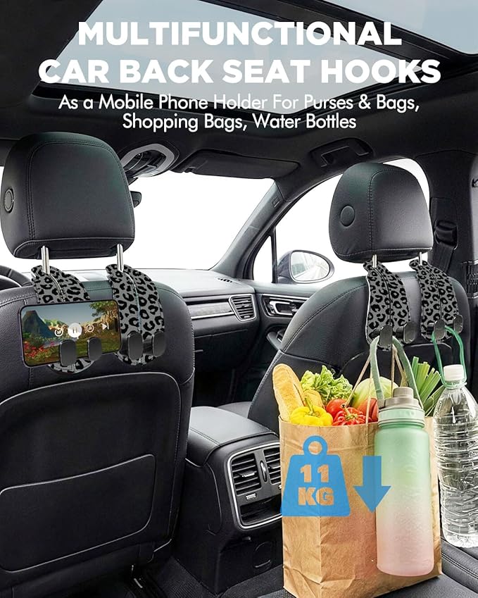 WOCOCN Purse Holder for Car, 2 Pack Heavy Duty Purse Hanger for Car, PU Leather Car Seat Hooks for Purses and Bags, Cute Leopard Print Headrest Organizer for Handbags & Backpacks