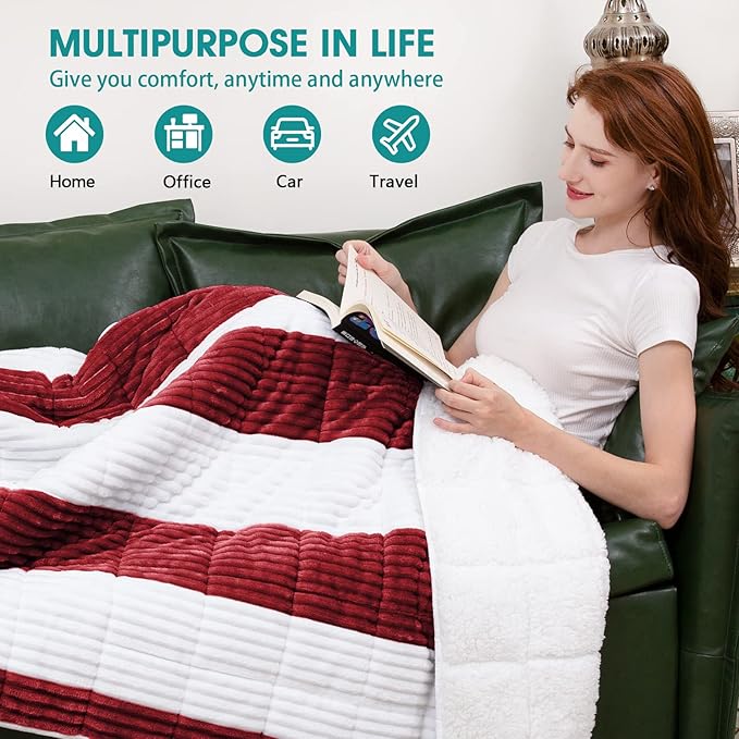 Sherpa Weighted Blanket for Adults 15lbs, 48"x72", Twin Full Size Fuzzy Heavy Throw Blanket for 140-160lbs, Microfiber Soft Thick Big Blankets Weighted Comforter Breathable Gifts for Sleeping, Red