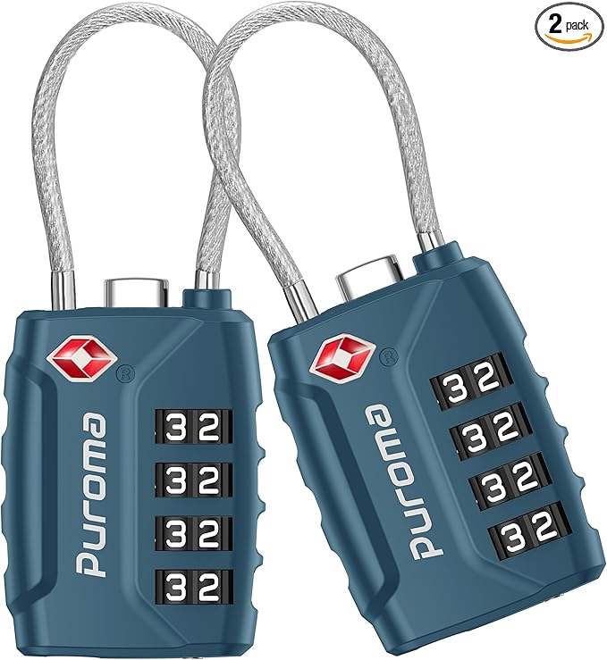 Puroma 2 Pack TSA Approved Luggage Locks, 4 Digit Combination Travel Cable Locks Resettable Code Lock with Zinc Alloy Body for Suitcase, Toolbox, Backpack, Bag, Gym Locker (Basic Blue Peacock)