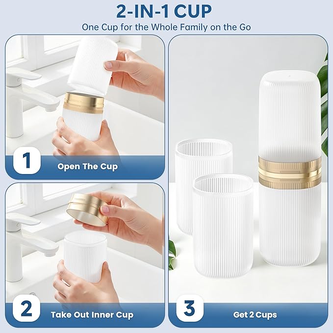 Quatish 2-in-1 Toothbrush Travel Case, Portable Toothbrush Holder with 4 Rinse Cups, Large-Capacity Storage for Toothbrush & Toothpaste, Ideal for Travel, Home, Camping, Gym, Business Trip (Clear)