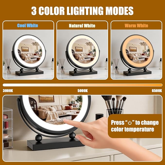 Travel Makeup Mirror, 9" Small Vanity Mirror with Lights, 1500mAH Battery, 3-Color Lighting, Dimmable, 360° Rotation, Round Portable Desk Mirror, Travel Essentials (Black)