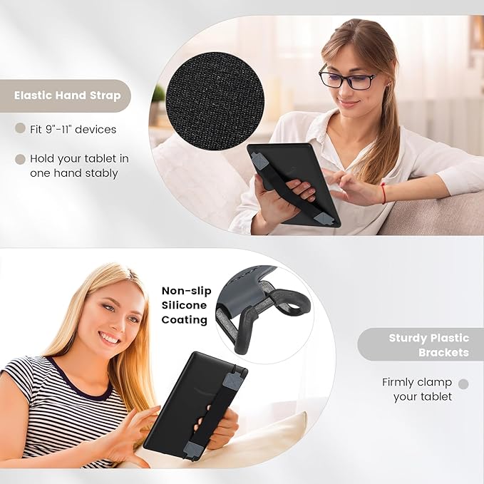MoKo Security Hand-Strap for 9-11 Inch Tablet, iPad/IP-ad Pro/iPad Air/Kindle Fire HD/Samsung, High-Elasticity Versatile Hand Strap Lightweight Finger Grip Holder, Black Belt, Space Gray
