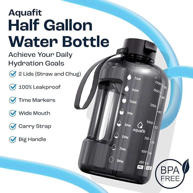 AQUAFIT 64 oz Water Bottle with Time Marker - Straw & Chug Lid - BPA Free Half Gallon Gym Water Bottle with Handle - Big Gallon Jug (Clarity, 64 Ounces)