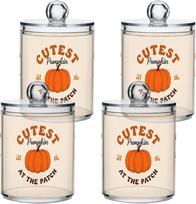 Gredecor 2 Pack Apothecary Jars with Lid Cutest Pumpkin Qtip Holder Dispenser Storage Containers Clear Plastic Cute Rustic Fall Autumn Thanksgiving Theme Canisters for Bathroom Vanity Organization
