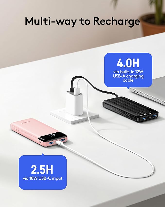 Orfeika Portable Phone Charger, 10000mAh Portable Charger 22.5W Fast Charging Power Bank with Built-in Cables, Travel Essential Battery Pack Compatible with iPhone, Samsung, Google, iPads, etc