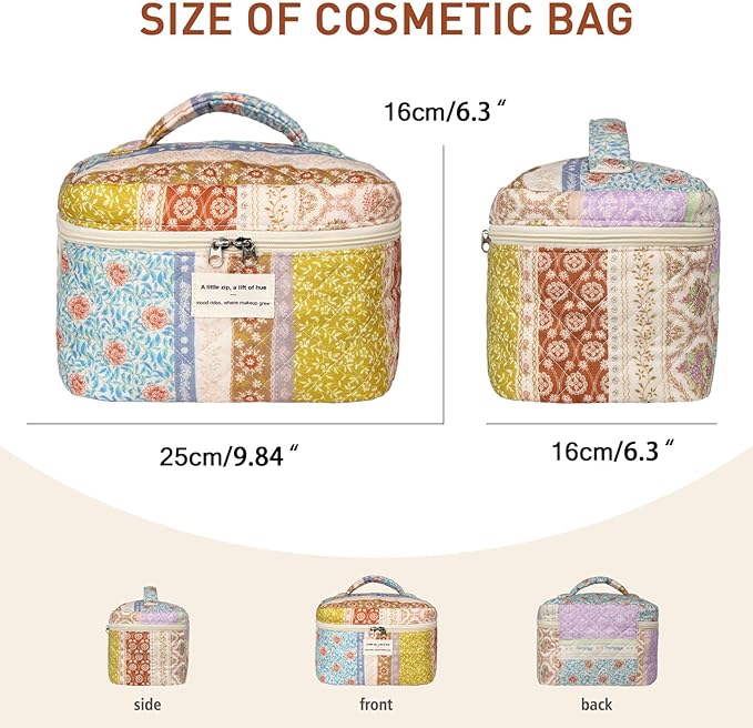 Gosect Floral Quilted Makeup Bag, Large Capacity Travel Cosmetic Organizer Bag with Handle, Portable Toiletry Bag for Women 6.3'' x 6.3'' x 9.84''(Multicolor)