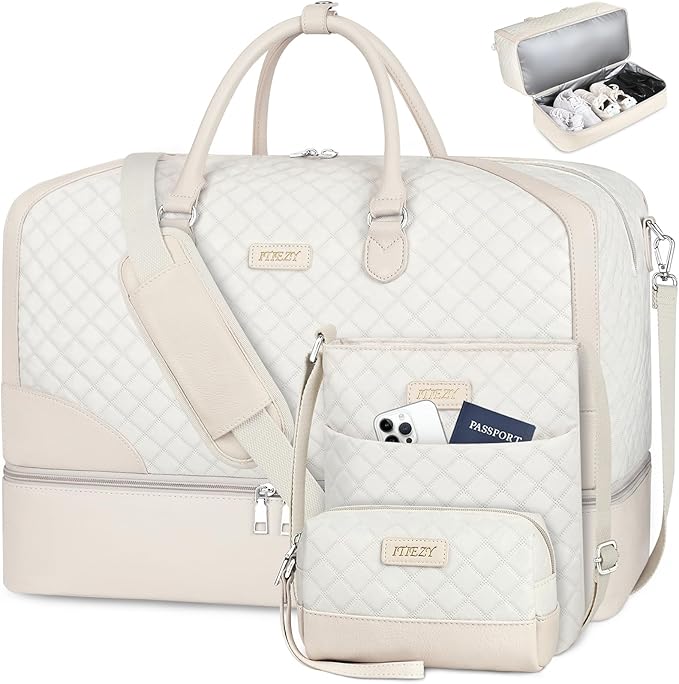 ITIEZY Weekender Overnight Bag for Women - Large Travel Duffel Bag with Shoe Compartment, Gym Duffel Bag Hospital Bag Carry On Tote Bags for Airplanes with Crossbody Bag Toiletry Bag 3Pcs Set