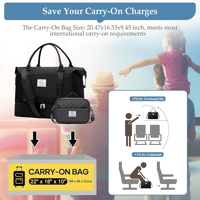Weekender Bags for Women,Extra Larg Travel Duffle Overnight Bag with Shoe Compartment,Personal Item Carry On Bag,Black,3 Pcs Set