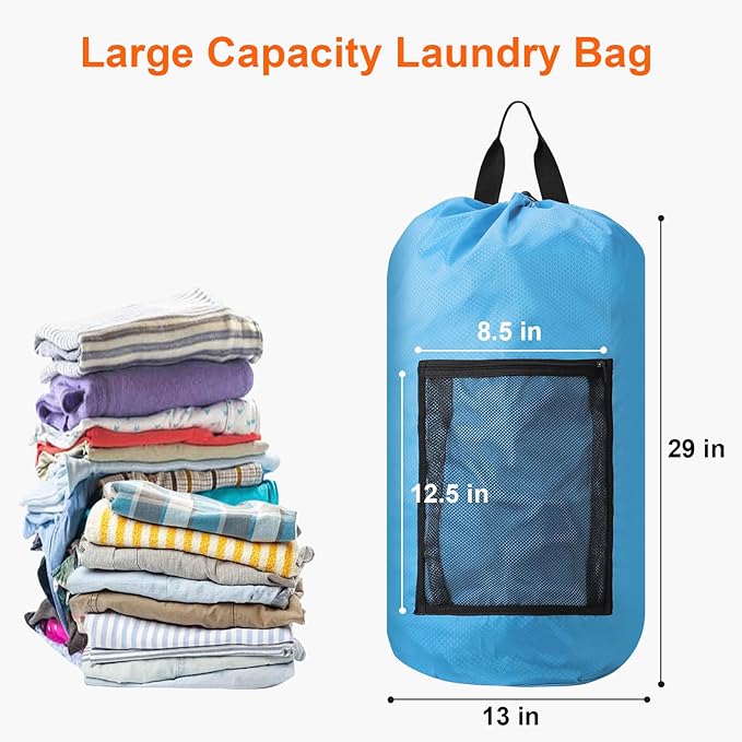 Laundry Bag Backpack Durable Laundry Bag with Shoulder Straps and Mesh Pockets Portable Laundry Hamper Dirty Clothes Bag for College, Travel, Laundromat, Apartment (Blue)