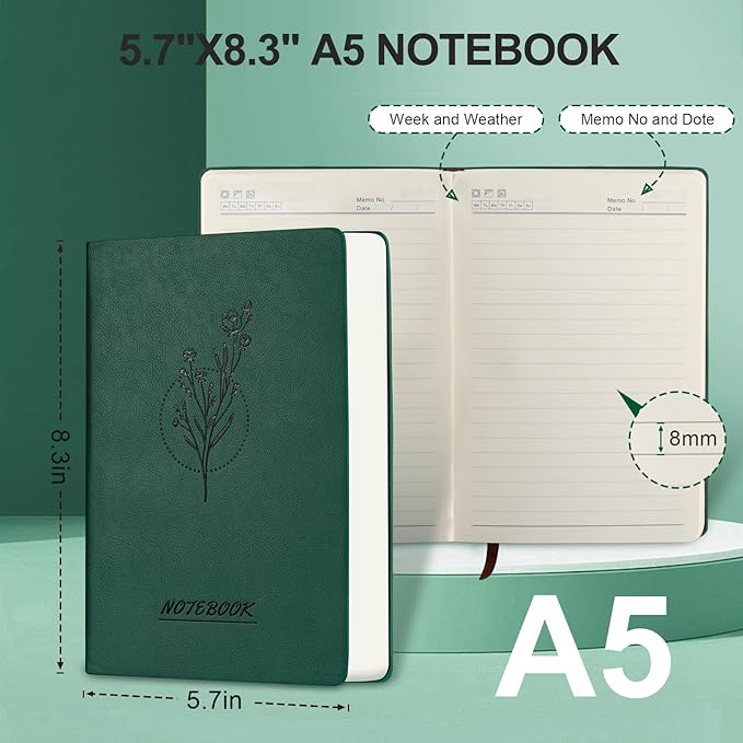 Fetinar Aesthetic Lined Journal Notebook for Women,300 Pages Softcover Leather Lined Journal Notebook,300 Pages Daily Journal, College Ruled Notebook for Work School, Note Taking 5.75''X8.38'' Green