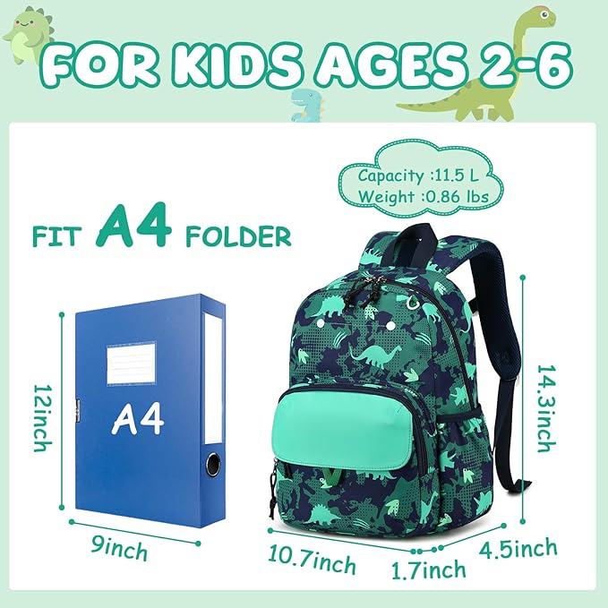 BTOOP Kids Backpack for Boys Girls 3-6, Preschool Kindergarten Backpack with Insulated Lunch Compartment & Chest Strap, Cute Dinosaur Lightweight School Travel Bag Fits A4 Folder