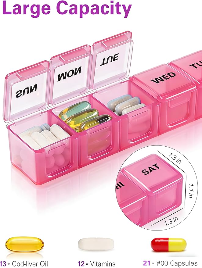 BUG HULL Weekly Pill Organizer Large 2 Packs, Extra Large Travel Pill Organizers, Pill Box 7 Day, Travel Pill Case, Medicine Pill Organizer for Vitamins, Supplements and Medications (White+Red)