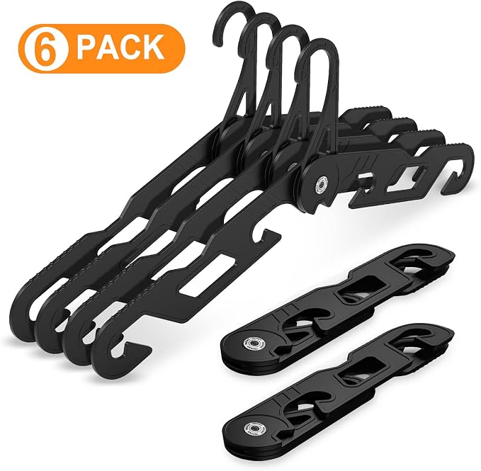 Premium Travel Hangers 6 Pack Portable Folding Clothes Hangers - Super Bearing Collapsible Hanger Foldable Clothes Drying Rack for Travel, Indoor and Outdoor Use (6 Pack Black)