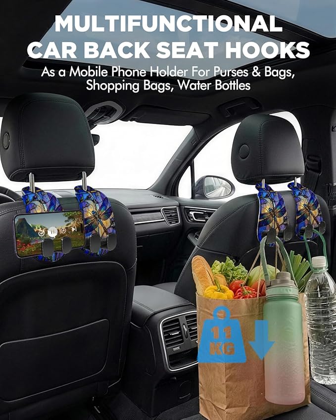 WOCOCN Purse Holder for Car, 2 Pack Heavy Duty Purse Hanger for Car, PU Leather Car Seat Hooks for Purses and Bags, Cute Dragonfly Headrest Organizer for Handbags & Backpacks