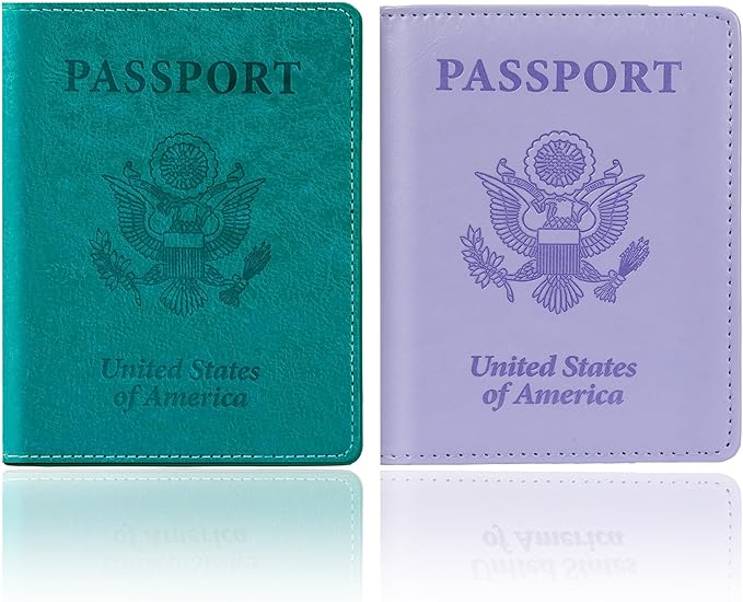 Passport Holder for Travel, 2 PCS Passport Holder, Travel Passport Holders Must Haves for Women Men, Passport Cover Passport Wallet Case Holders for Travels Cruise Ship Essentials, Purple & Lake Blue