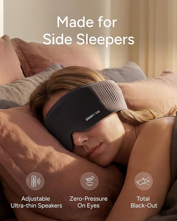 Sleenova Sleep Eye Mask with Bluetooth Headphones - Side Sleeper Optimized with Integrated Offline Audio for Phone-Free Use - 3 Modes for Rest, Nap and Travel - Black