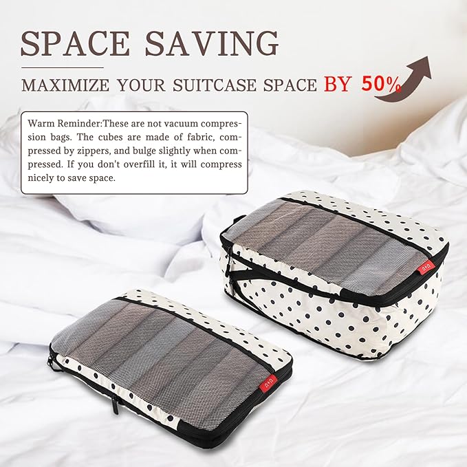 U+U 6 Set Compression Packing Cubes - Travel Organizers with Laundry Bag, Space-Saving Suitcase Organizer, Expandable Packing Organizers for Travel Essentials (Polka Dot)