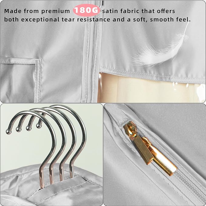 Garment Bags for Hanging Clothes and Travel with 4" Gusseted, Suit Cover for Clothes,Coats,Suit,Jackets,Dress,Shirts,Skirt. (Silvery-48"-1pcs-Satin Fabric)