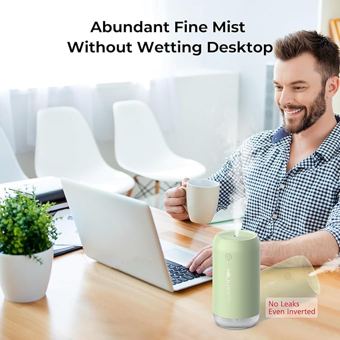 Portable Mini Humidifier, 350ml Quiet Small Cool Mist Humidifiers USB Personal Desktop Humidifier for Bedroom Office Plants Car Baby Nursery with 2 Mist Modes Auto Shut-off (Green)