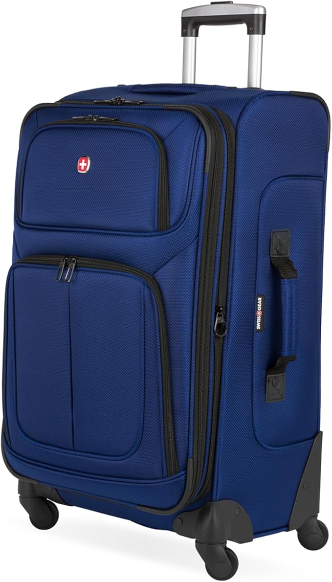 SWISSGEAR Sion Softside Expandable Spinner Luggage Durable Lightweight Travel Suitcase, Blue, Checked-Medium