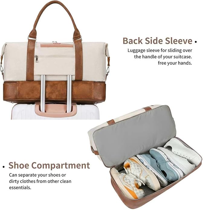 Women's Weekender bag Travel Duffel Bag with Shoe Compartment 21-inch Airline-Approved Carry-On, 2-Piece Overnight Bag Set Personal Item Luggage