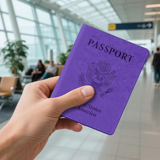 Passport Holder for Travel, 2 PCS Passport Holder, Travel Passport Holders Must Haves for Women Men, Pink and Purple Passport Cover Passport Wallet Case Holders for Travel Cruise Ship Essentials Gifts