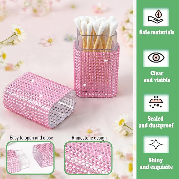 Cotton Swab Holder for Travel, 2 Pcs Portable Small Dental Floss Holder Sparkling Rhinestone Cotton Pad Holder, Travel Floss Picks Case with Dustproof Lid for Cotton Bud Floss, Pink