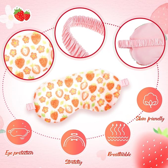 Cuffbow 6 Pack Plush Sleep Mask Set, Cute Plush Eye Masks for Sleeping, Soft Comfortable Travel Nap Blindfold, Sleepover Party Favors for Women(Strawberry,Pink)