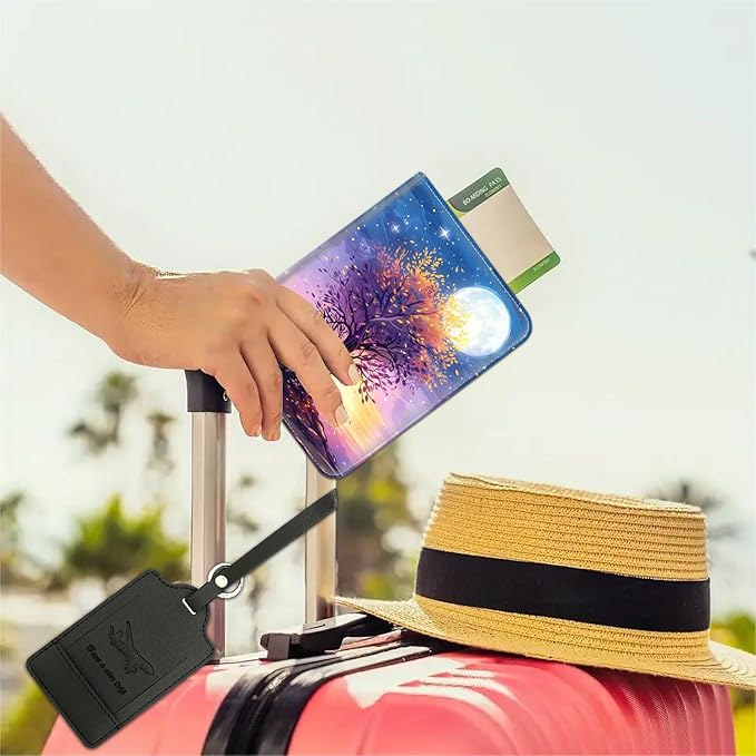 Passport Wallet, Passport Holder with RFID Blocking and Luggage Tag, Waterproof PU Leather Travel Documents Organizer Case, Passport Covers with Card Slot for Women & Men, Purple Starry Sky Trees