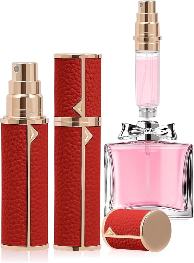 Refillable Travel Perfume Bottle – Fine Mist Atomizer, Bottom Fill, Genuine Leather Shell, TSA Approved, For Daily Refresh & Travel (Red, 5ml)