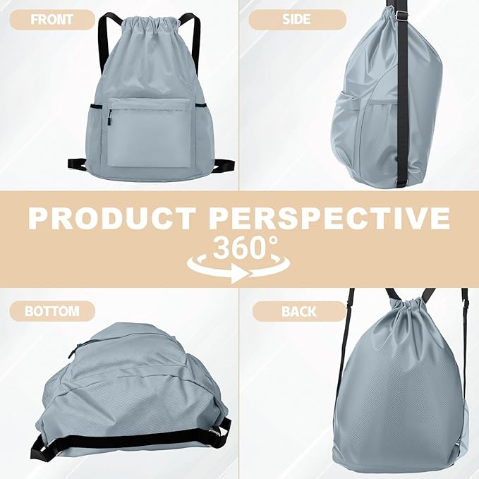 Tygelluis Drawstring Backpack, Waterproof Gym Bag with Water Bottle Pocket for Women Men, Pull String Sport Bag for Swim, Soccer and Basketball, Light Gray