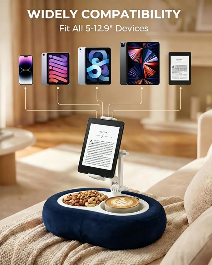 Miledi Tablet Pillow Stand, Compatible with 5"-12.9" Kindle, iPad, Phone/Tablet, 360° Rotating Phone Holder for Bed, Soft Plush Fabric, Detachable Bowl, Reading and Relaxation on Bed, Blue
