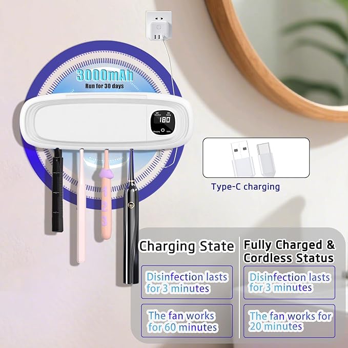 Wall Mounted Toothbrush Holders for Bathrooms, 4 Slots UV Toothbrush Sanitizer and Holder with Air Drying 3000mAh Rechargeable Cordless UV Toothbrush Cleaner with Timer Function & No Drilling (White)