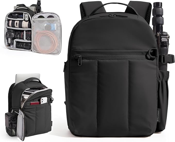 BAGSMART Puffy Camera Backpack, Camera Bags for Photographers, DSLR/SLR Mirrorless Photography Camera Case, Small Water-resistant Travel Backpack for Women with Laptop Compartment, Black
